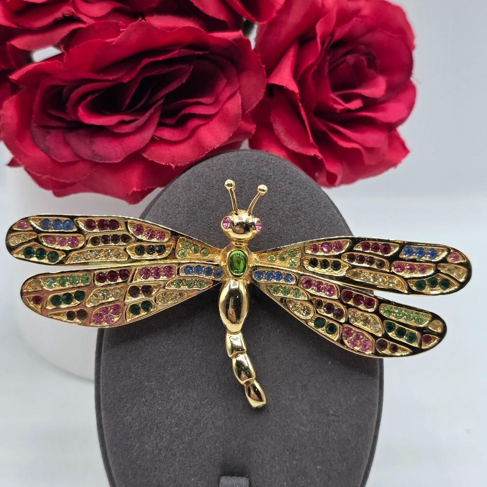 IVANA Crystal Dragonfly Brooch Pin Rhinestone Gemstones Vintage Statement Signed